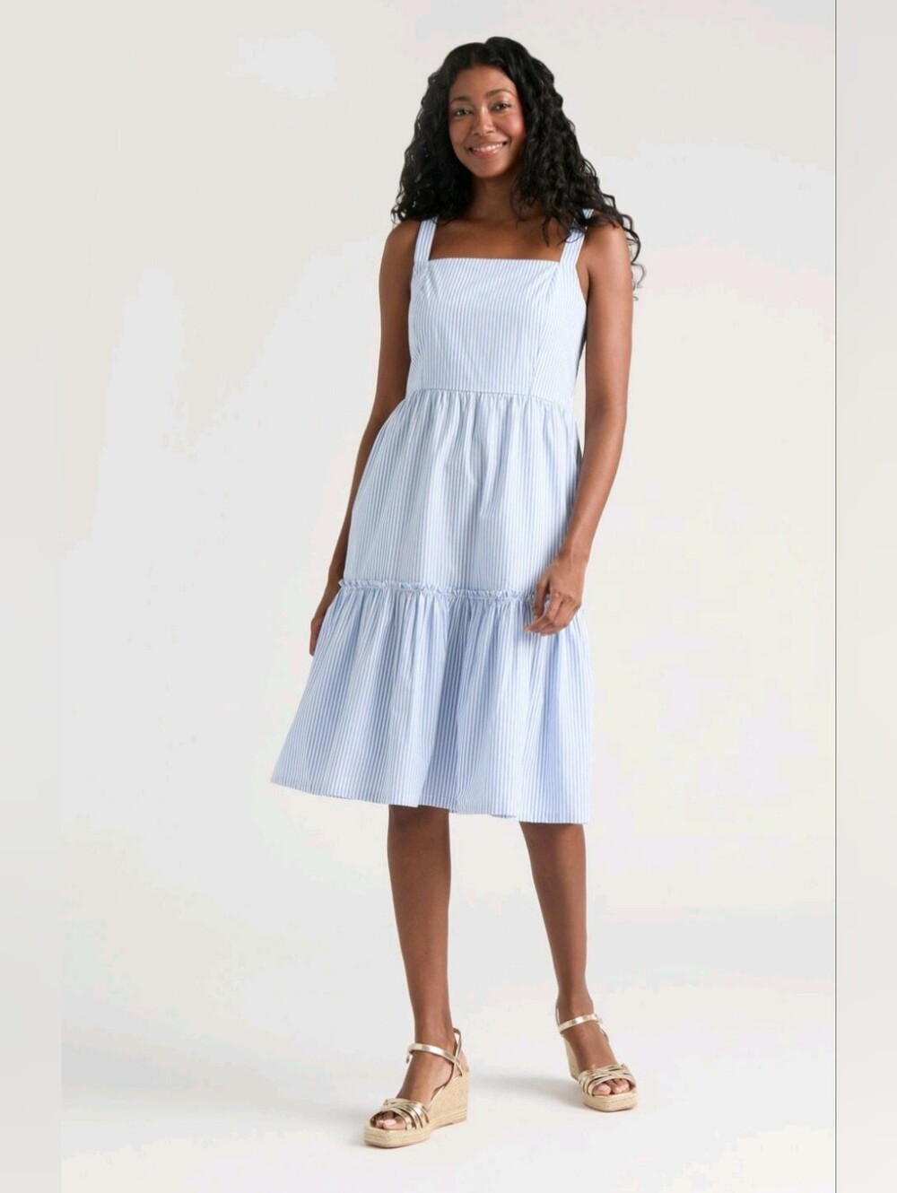 Y2k/ Casual Square Neck Tiered Sundress in Light Blue Stripe